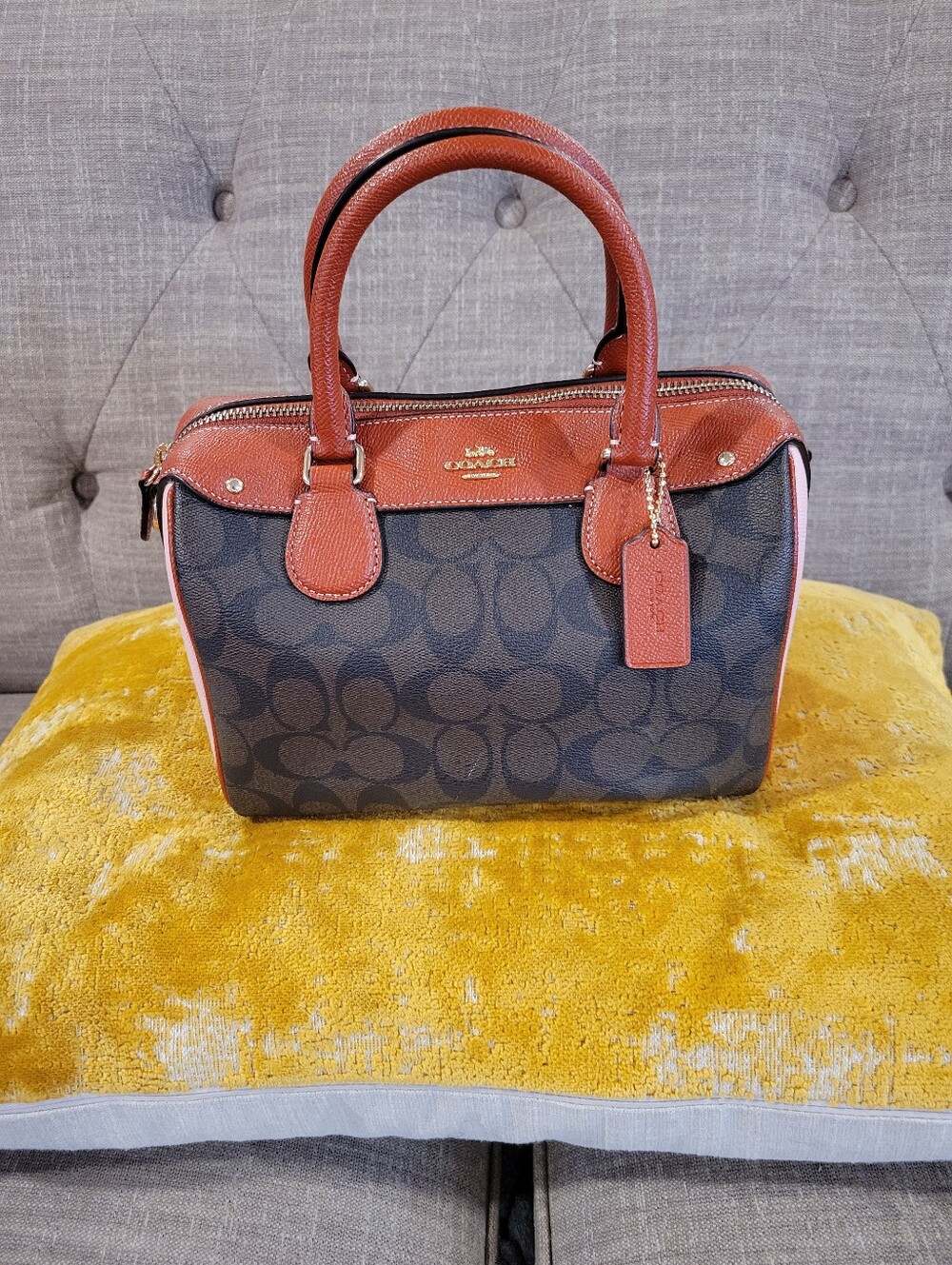 Coach Bennett Signature Canvas Satchel in Brown & Rust With Detachable Strap.
